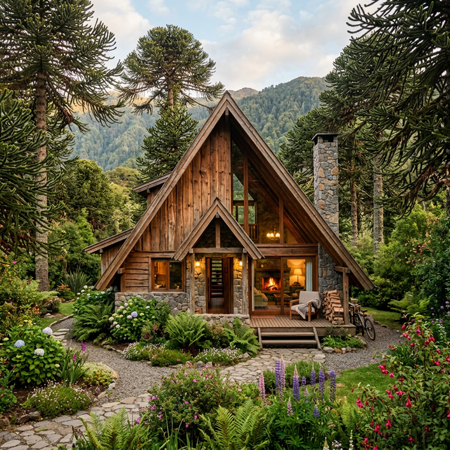 Cabaña estilo montaña entre araucarias